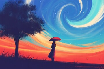 Silhouette of a person with a red umbrella under a swirling sky and lone tree woman figure