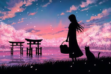 Silhouette of girl and cat by cherry blossoms and torii gates at sunset anime
