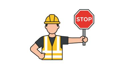 Construction Worker in Hard Hat and Safety Vest Holding a Red Stop Sign.