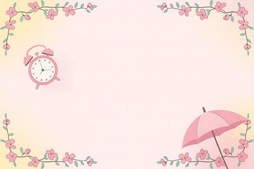 Soft Pink Background with Floral Border, Alarm Clock and Umbrella delicate
