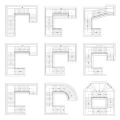 Top- Down Architectural Drawings of Various Staircase Designs blueprint stairs