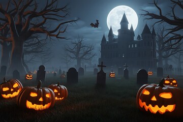 Dark night Halloween celebration vector illustration with spooky castle, moon, bats, and orange pumpkins