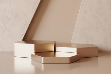 Three hexagonal golden pedestals on a neutral surface with textured wall stock 