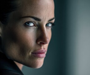 Obraz premium Close-up of a confident woman with striking features in a dimly lit room