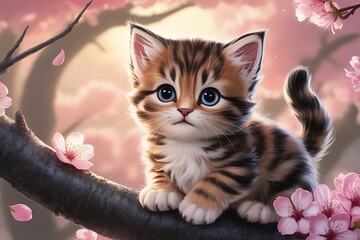 Tiny tabby kitten with blue eyes perched on a tree branch with pink blossoms animal cute