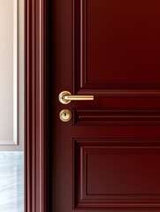Obraz premium Elegant mahogany door featuring a classic gold handle and a keyhole. The warm, rich tones of the door contrast beautifully with the light-colored wall and marble texture.