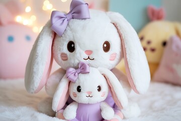 Two Cute White Bunny Plush Toys with Purple Bows family 