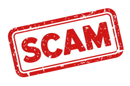 Red distressed 'Scam' stamp warns against fraud and deception