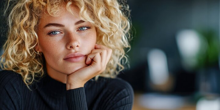 Close-up of a young woman with curly hair in a modern office during the day