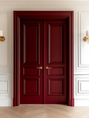 Obraz premium Elegant double doors in deep red, framed by detailed white wall panels and complemented by brass sconces. Set in a room with a light herringbone wood floor.