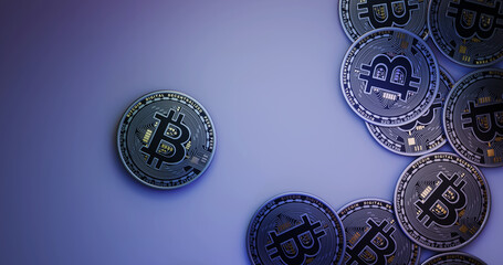 Bitcoin Coins Over Blue Gradient Background