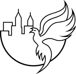 Fototapeta premium Enchanted Phoenix Flying Over City Skyline Coloring Illustration on Transparent Background