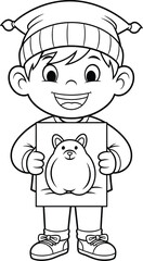 Happy Boy in Winter Hat Holding a Drawing of a Cute Animal - Creative Child Outline