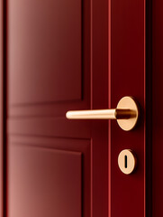 Obraz premium A close-up captures the warm tones of a burgundy door, accentuated by a sleek, gold handle and matching keyhole, evoking a sense of refined elegance and security.
