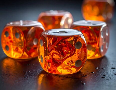 Close-up of translucent orange dice reflecting light, scattered on a dark surface, with soft focus creating depth of field. Water droplets add texture