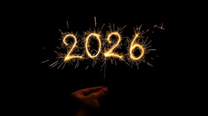 Sparkler writing the year 2026 in the dark with a hand holding it