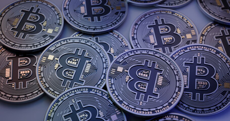 Stack of Bitcoin Coins in Blue Tone