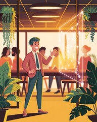 IT consultant pitching an idea  in, shared workspace with plants mood, joyful, flat vector illustration, inclusive remote setting