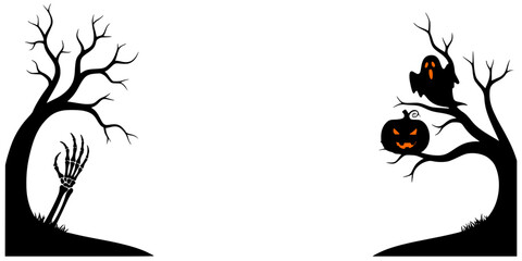 Halloween-themed silhouettes with skeleton, pumpkin, and trees  