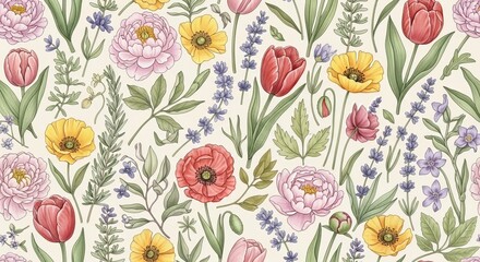 Seamless floral pattern featuring peonies, tulips, poppies, and lavender on a light background