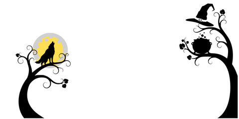 Silhouette of howling wolf and witch's hat on twisted trees  