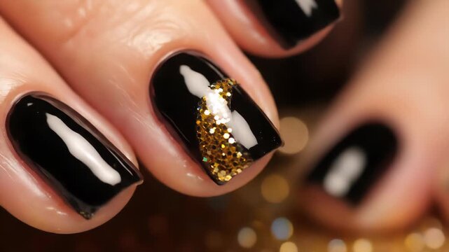 A detailed view of manicured fingers showcasing glossy black nail polish with a striking diagonal section of shimmering gold glitter. The background features a soft, blurred bokeh effect.