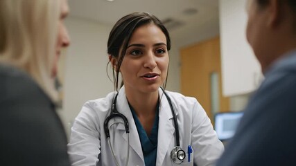 Compassionate Female Doctor in White Coat and Stethoscope Engaged in Medical Consultation with Patients in a Modern Healthcare Clinic