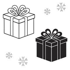 Gift Box and Snowflakes Icon Set - Line and Solid Style