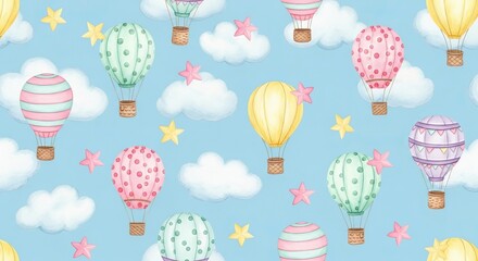 A seamless pattern featuring colorful hot air balloons clouds and stars on a light blue background