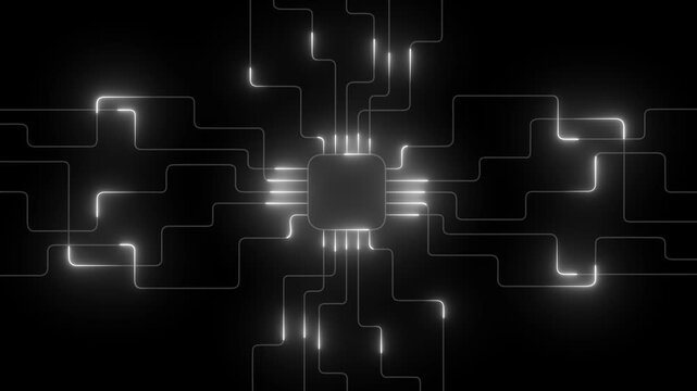 abstract glowing neon line technology circuit board icon animation on black background. Glowing circuit lines futuristic tech animation. - Powered by Adobe