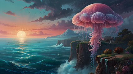 A captivating fantasy scene showing a tall ancient tree on a seaside cliff at twilight.
