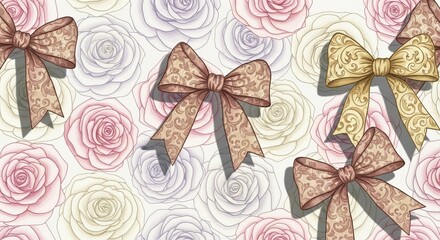 Elegant bows with ornate details scattered over a pastel rose background in a repeating pattern
