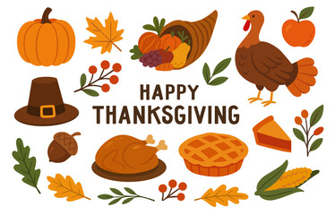Thanksgiving day elements illustrations set. Autumn holiday items. Turkey, Pumpkin, Pilgrim hat, cornucopia and other. Clipart collection