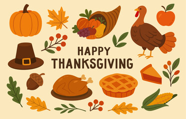 Thanksgiving day elements illustrations set. Autumn holiday items. Turkey, Pumpkin, Pilgrim hat, cornucopia and other. Vector collection