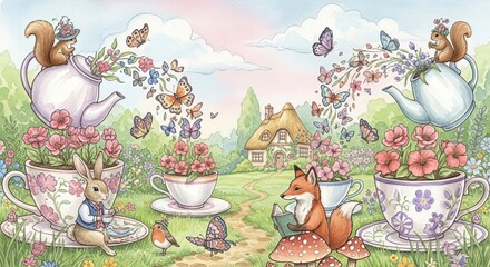 A whimsical illustration of animals in a garden with teacups, teapots, and a cottage in the background