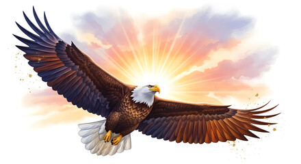 Fototapeta premium Bald eagle flying with outstretched wings illustration with sun rays and clouds patriotic symbol of freedom and strength