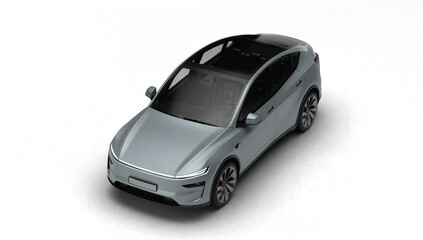 3D Render of a gray colored modern electric car, slight left front and top view, transparent background