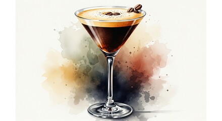 A watercolor style illustration of an espresso martini with coffee beans as a garnish on top