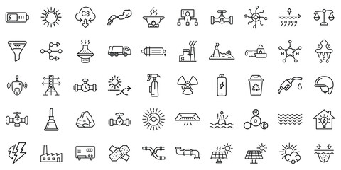 A collection of monochrome environmental and energy icons representing sustainability themes.