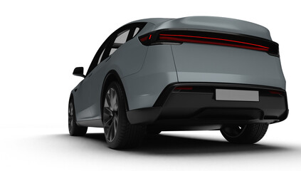 3D Render of a gray colored modern electric car slight left rear view, transparent background.