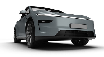3D Render of a gray colored modern electric car, slight right front view, transparent background