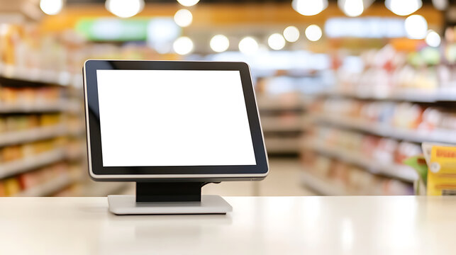 Modern point-of-sale (POS) system with a blank screen on a shiny, white countertop, with a grocery store background. Perfect for retail tech or advertising concepts.