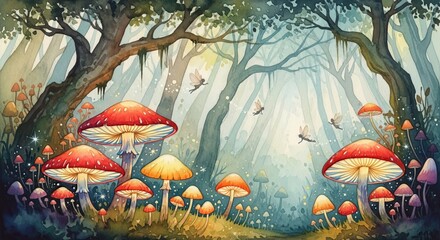 Watercolor painting of a magical forest with mushrooms and fairies flying through the misty light