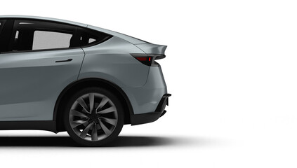 3D Render of a gray colored modern electric car, left rear half view, transparent background.