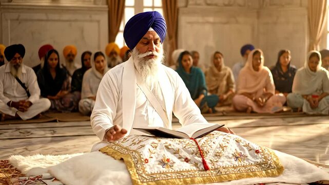 Elderly Sikh Man Reading Holy Book During Ceremony Indoors