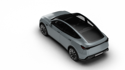 3D Render of a gray colored modern electric car, slight left rear and top view, transparent background.