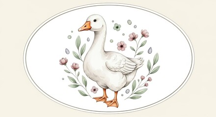 Watercolor illustration of a white goose surrounded by flowers and leaves in an oval frame