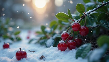 Cranberries growing in snow with sunlight filtering through trees  