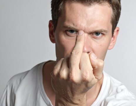 Close-up studio portrait of a man with light skin, in a white shirt, showing the middle finger. Expression is angry and intense