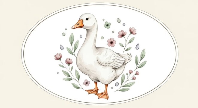 Watercolor illustration of a white goose surrounded by flowers and leaves in an oval frame